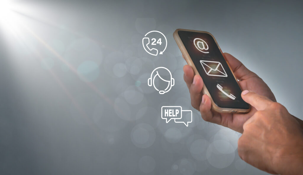 A man points to an operator's symbol, with icons for after-sales services. The communication channel of customer satisfaction