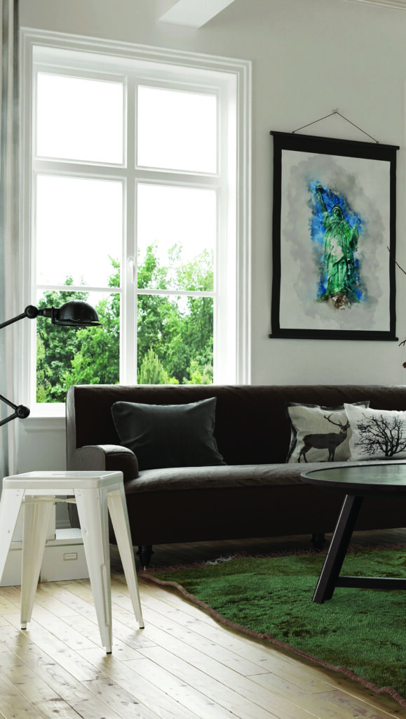Cozy homely living room interior with a sofa, stools and chairs