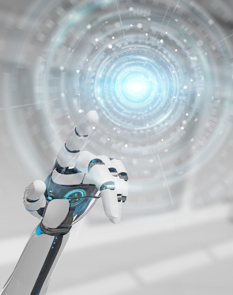 White humanoid hand on blurred background using digital global network 3D rendering