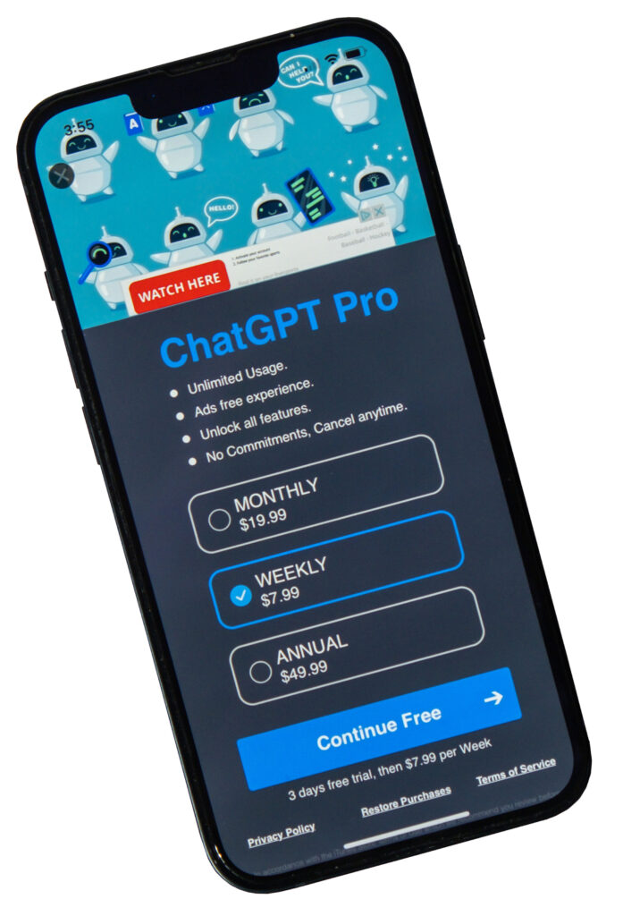 Gdansk, Poland - March 2023 Chat GPT app icon on screen of mobile phone iPhone Apple. Website of US American artificial intelligence company OpenAI LLC. Webpage prototype AI chatbot. Modern technologies