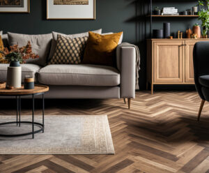 Stylish furniture and parquet flooring can be seen in a modern living room. Generative AI