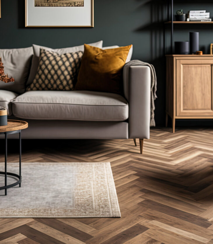 Stylish furniture and parquet flooring can be seen in a modern living room. Generative AI