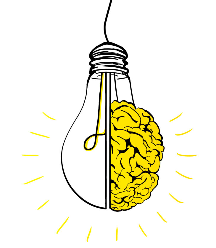 Creative lamp brain sketch on white wallpaper. Idea and brainstorm concept. 3D Rendering
