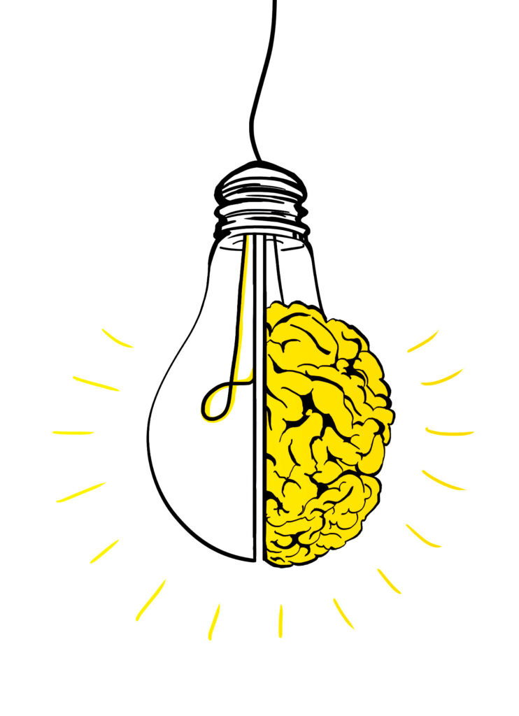 Creative lamp brain sketch on white wallpaper. Idea and brainstorm concept. 3D Rendering
