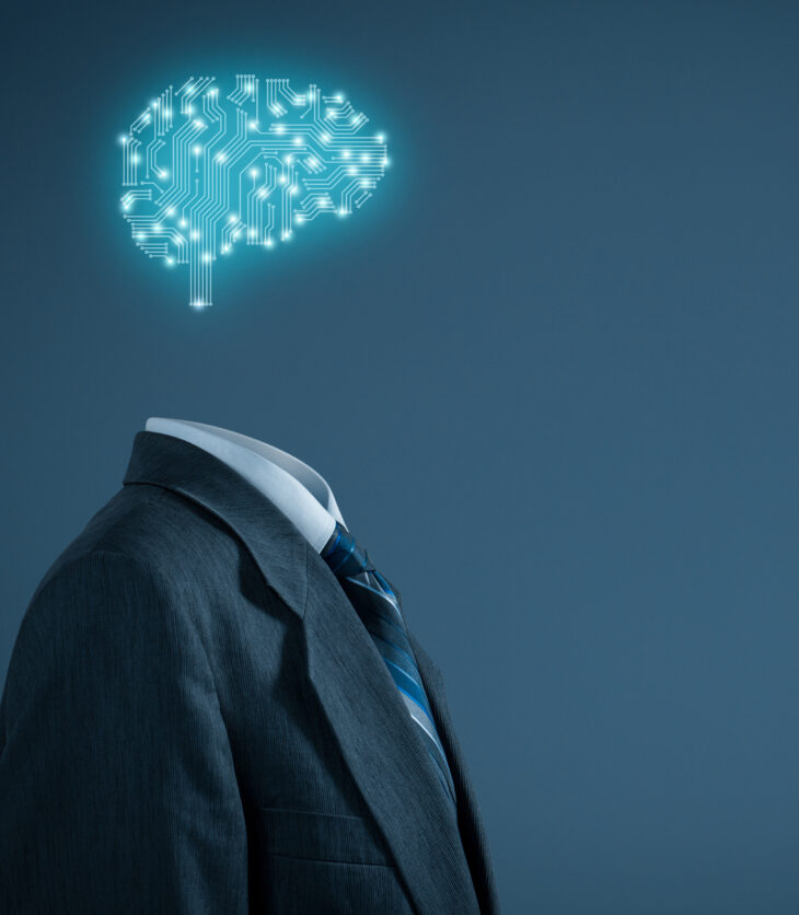 Artificial intelligence (AI), data mining, expert system software, genetic programming, machine learning, deep learning, neural networks and another modern computer technologies concepts. Brain representing artificial intelligence with printed circuit board (PCB) design.