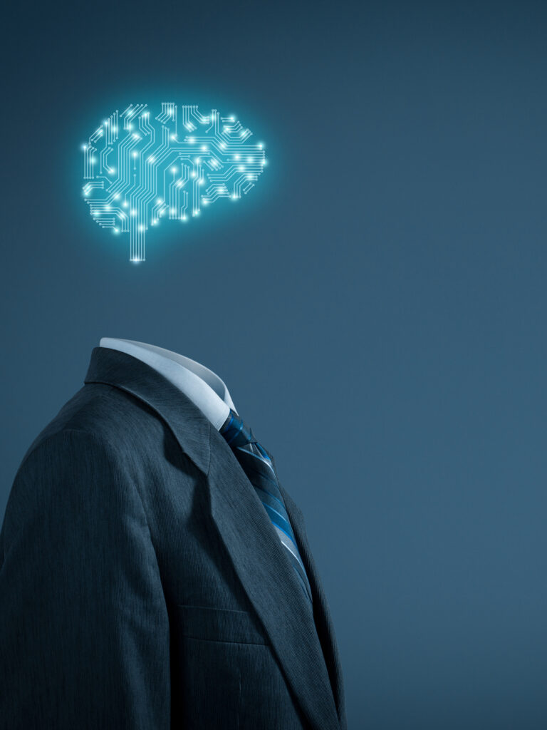 Artificial intelligence (AI), data mining, expert system software, genetic programming, machine learning, deep learning, neural networks and another modern computer technologies concepts. Brain representing artificial intelligence with printed circuit board (PCB) design.