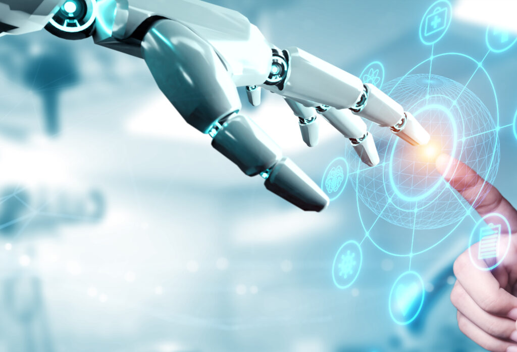 Robot hand ai artificial intelligence assistance for medical healthcare practices operation surgical performance, unity with human and ai concept, with graphical icon display blue banner background
